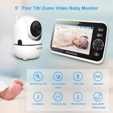 HelloBaby 5″ Video Baby Monitor (Pan-Tilt-Zoom, No WiFi)