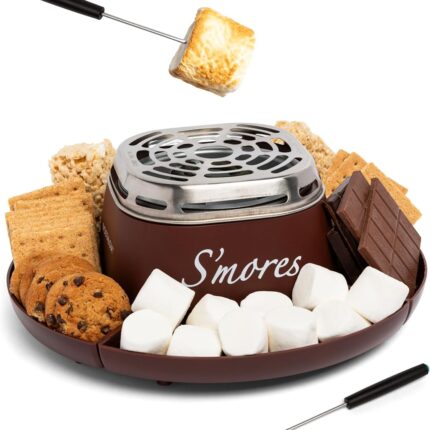 Nostalgia Tabletop Indoor Electric Smores Maker – Smores Kit With Marshmallow Roasting Sticks and 4 Trays for Graham Crackers, Chocolate, and Marshmallows – Brown